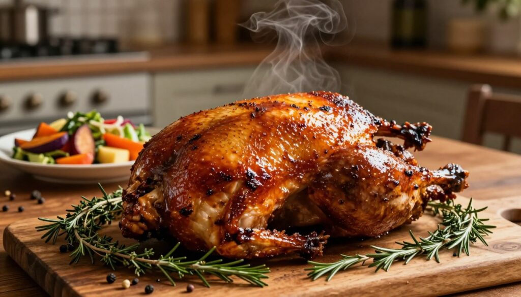 A succulent roasted duck glistens with a rich, golden-brown skin, resting elegantly on a rustic wooden table. The foreground showcases the perfectly cooked bird, with crispy skin reflecting soft, warm light that highlights its luscious texture. Surrounding the duck, a variety of aromatic herbs and spices, such as thyme and rosemary, create an inviting atmosphere. In the middle background, a plate of colorful sides complements the duck, featuring roasted root vegetables and a vibrant salad. The warm, comforting kitchen setting is softly illuminated, evoking a sense of home-cooked warmth, with a hint of steam rising. The scene is shot from a slightly elevated angle to emphasize the dish, creating a mouthwatering allure. A succulent roasted duck glistens with a rich, golden-brown skin, resting elegantly on a rustic wooden table. The foreground showcases the perfectly cooked bird, with crispy skin reflecting soft, warm light that highlights its luscious texture. Surrounding the duck, a variety of aromatic herbs and spices, such as thyme and rosemary, create an inviting atmosphere. In the middle background, a plate of colorful sides complements the duck, featuring roasted root vegetables and a vibrant salad. The warm, comforting kitchen setting is softly illuminated, evoking a sense of home-cooked warmth, with a hint of steam rising. The scene is shot from a slightly elevated angle to emphasize the dish, creating a mouthwatering allure.