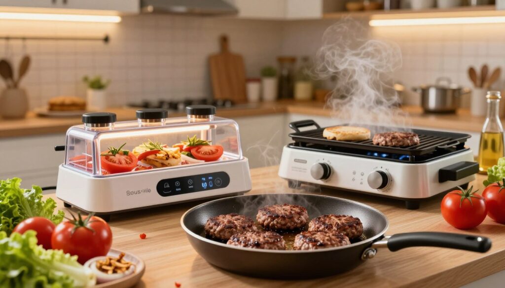 A vibrant and inviting kitchen scene showcasing alternative burger cooking methods. In the foreground, a frying pan sizzles with juicy beef patties cooking to perfection, surrounded by colorful ingredients such as fresh lettuce, ripe tomatoes, and crispy onions. In the middle, a sous-vide setup and an indoor grill demonstrate innovative cooking techniques, with steam and a soft glow emanating from them. The background features a cozy kitchen ambiance, warmly lit with soft yellow lights and modern kitchen appliances. The mood is lively and appetizing, enticing viewers to explore these alternative burger preparation methods. Use a wide-angle perspective to capture the entire scene, emphasizing the freshness and creativity involved in cooking. A vibrant and inviting kitchen scene showcasing alternative burger cooking methods. In the foreground, a frying pan sizzles with juicy beef patties cooking to perfection, surrounded by colorful ingredients such as fresh lettuce, ripe tomatoes, and crispy onions. In the middle, a sous-vide setup and an indoor grill demonstrate innovative cooking techniques, with steam and a soft glow emanating from them. The background features a cozy kitchen ambiance, warmly lit with soft yellow lights and modern kitchen appliances. The mood is lively and appetizing, enticing viewers to explore these alternative burger preparation methods. Use a wide-angle perspective to capture the entire scene, emphasizing the freshness and creativity involved in cooking.