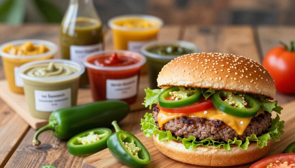 A vibrant, appetizing scene featuring a jalapeño burger, topped with fresh ingredients and an assortment of colorful sauces, prominently displayed in the foreground. The burger should be juicy with visible textures of the meat and melted cheese, surrounded by fresh jalapeños, lettuce, and tomatoes. In the middle ground, a small display of individual sauce containers with labels showing varied colors and textures, conveying their unique flavors and energetic contributions. The background should softly blur a rustic wooden table, adding warmth to the atmosphere. The lighting should be bright and natural, emphasizing the freshness of the ingredients and creating an inviting mood. Use a close-up angle to capture the details and entice viewers, conveying the importance of sauces and toppings in energy balance.