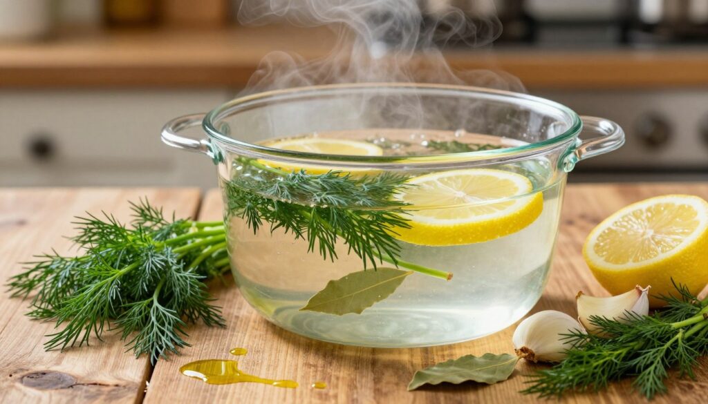 A vibrant arrangement of fresh dill (koper) and other colorful additives, such as lemon slices, garlic cloves, and bay leaves, placed around a clear pot of boiling water to create a visually appealing scene. The foreground features a rustic wooden table, with bright green dill sprigs and a few scattered olive oil drizzles. In the middle, the transparent pot glistens with steam rising, emphasizing the boiling process. The background softly fades with an out-of-focus kitchen setting, bathed in warm, natural lighting to create a cozy atmosphere. The lens should be slightly angled from above to capture the ingredients and their textures in detail, evoking a sense of home cooking and culinary warmth. A vibrant arrangement of fresh dill (koper) and other colorful additives, such as lemon slices, garlic cloves, and bay leaves, placed around a clear pot of boiling water to create a visually appealing scene. The foreground features a rustic wooden table, with bright green dill sprigs and a few scattered olive oil drizzles. In the middle, the transparent pot glistens with steam rising, emphasizing the boiling process. The background softly fades with an out-of-focus kitchen setting, bathed in warm, natural lighting to create a cozy atmosphere. The lens should be slightly angled from above to capture the ingredients and their textures in detail, evoking a sense of home cooking and culinary warmth.