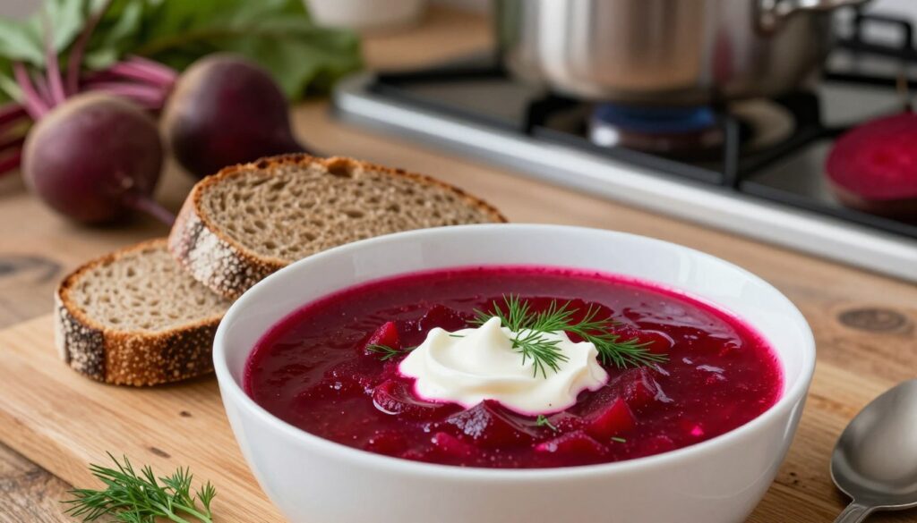 A vibrant bowl of barszcz czerwony, a traditional Polish beet soup, sitting elegantly on a rustic wooden table. The foreground features the rich, deep red liquid, garnished with a swirl of sour cream and sprinkled fresh dill, showcasing its intense color. In the middle, a loaf of homemade rye bread complements the dish, with the texture of the crust vividly detailed. The background includes soft-focus kitchen elements, such as a pot simmering on the stove, with beets and vegetables scattered around to emphasize the fresh ingredients. Soft, warm lighting illuminates the scene, creating a cozy and inviting atmosphere, resembling a family dining setting, captured from a slight overhead angle to enhance the visual appeal of the soup and its accompaniments.