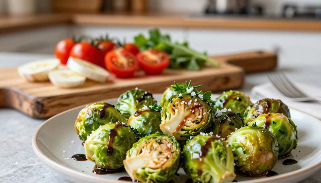 A vibrant, close-up culinary scene showcasing Brussels sprouts as the star ingredient. In the foreground, a beautifully arranged plate of sautéed Brussels sprouts garnished with fresh herbs, drizzled with balsamic glaze, and sprinkled with sea salt. In the middle ground, a rustic wooden cutting board displays a colorful assortment of vegetables, including sliced garlic and cherry tomatoes, enhancing the visual appeal of the dish. The background features a softly blurred kitchen setting with warm, cozy lighting, hinting at a homey atmosphere. The image captures a sense of freshness and culinary creativity, inviting viewers into the flavorful world of Brussels sprout inspirations, with an inviting rustic vibe and a slightly elevated camera angle to enhance details.