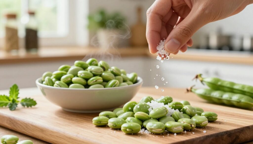 A vibrant kitchen scene featuring a close-up of a wooden cutting board with freshly boiled fava beans (bób) being seasoned. In the foreground, a hand lightly sprinkling coarse sea salt over the bright green beans, showcasing glistening drops of steam. In the middle, a bowl filled with the boiled fava beans, some split open to reveal their tender texture. The background includes a well-lit kitchen with herbs and spices arranged on shelves, and soft, diffused natural light coming through a window, creating a warm and inviting atmosphere. The overall mood should be fresh and appetizing, emphasizing the importance of salting fava beans at the right moment to enhance their flavor without making them watery.