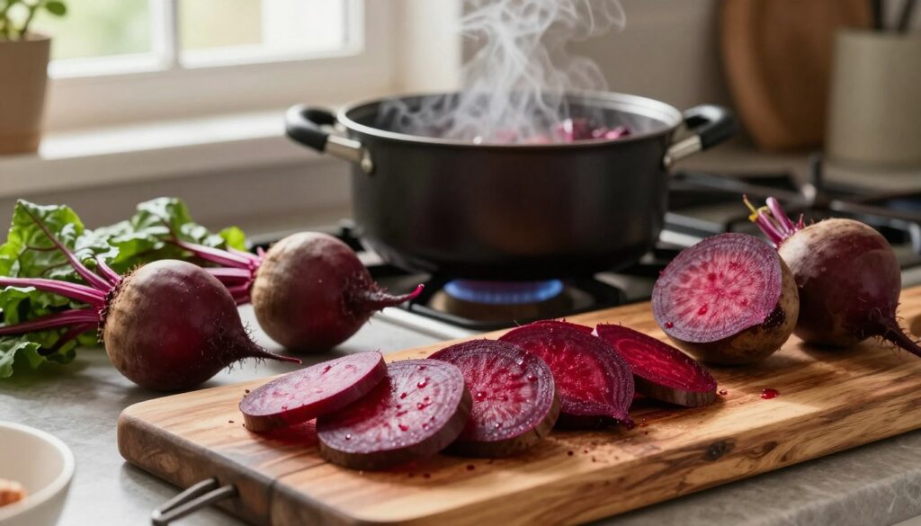 A vibrant kitchen scene featuring a selection of freshly cooked red beets in various sizes, placed atop a rustic wooden cutting board. In the foreground, focus on a beautifully arranged platter of sliced beets showcasing their deep red color and earthy texture. In the middle, a pot of steaming beets rests on the stove, with wisps of steam gently rising, indicating they have just finished cooking. In the background, soft natural light filters through a window, illuminating the rich, warm colors of the kitchen, creating a cozy and inviting atmosphere. A few sprigs of beet greens can be seen adorned around the cutting board, enhancing the freshness of the scene. The angle is slightly overhead to capture both the cooking process and the plated beets.
