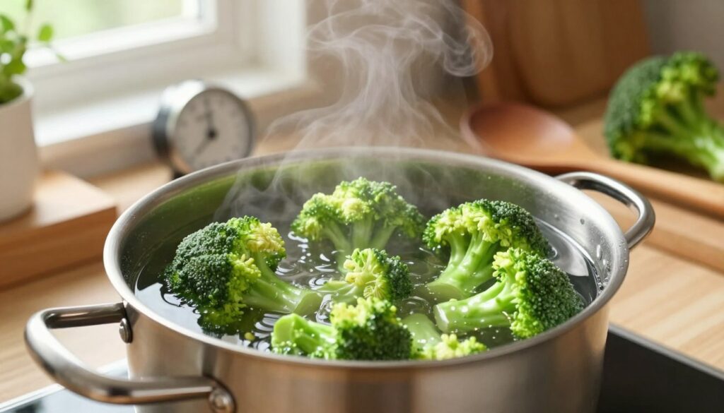 A vibrant kitchen scene featuring fresh green broccoli being blanched in a pot of boiling water. In the foreground, the pot is centered, with steam rising gently, capturing the lively action of cooking. The broccoli florets, bright and crisp, are partially submerged, their vivid green color accentuated by the glistening surface of the water. In the middle ground, a wooden spoon rests against the edge of the pot, and a timer in the background hints at the precise cooking time. Natural light streams in from a nearby window, casting a warm glow across the countertop, enhancing the fresh ingredients and creating a welcoming atmosphere. The background features kitchen utensils and a cutting board, contributing to a cozy cooking environment, all without any text or distractions.