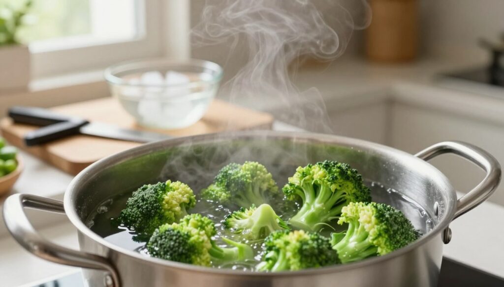 A vibrant kitchen scene featuring fresh green broccoli being blanched in a stainless-steel pot of boiling water. In the foreground, a close-up of the broccoli florets, with steam rising, showcasing their bright color and crisp texture. The middle layer includes a wooden cutting board with a knife and a small bowl of ice water, reflecting the technique of shocking vegetables after blanching. The background displays a cozy kitchen setting with warm, natural lighting filtering through a window, creating a welcoming atmosphere. The image emphasizes the freshness and cooking techniques, with a focus on the preparation process. The scene should feel inviting and educational, ideal for illustrating culinary techniques.