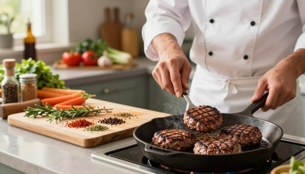 A vibrant kitchen scene filled with the warmth of a summer afternoon. In the foreground, a skilled chef, dressed in a white chef's coat and apron, is expertly grilling juicy beef patties on a cast iron skillet, with a slight sizzle creating a sense of action. The beef patties are perfectly seasoned, showcasing beautiful grill marks. In the middle, colorful spices and herbs are artfully arranged on a wooden cutting board, hinting at the natural flavors being preserved. The background features a warmly lit kitchen with fresh vegetables and condiments neatly organized, emphasizing a homely atmosphere. Soft, diffused lighting creates an inviting ambiance, illuminating the focused expression of the chef as they monitor the cooking process. The image conveys a sense of mastery and passion for cooking, creating an appealing visual for anyone looking to perfect their burger skills. A vibrant kitchen scene filled with the warmth of a summer afternoon. In the foreground, a skilled chef, dressed in a white chef's coat and apron, is expertly grilling juicy beef patties on a cast iron skillet, with a slight sizzle creating a sense of action. The beef patties are perfectly seasoned, showcasing beautiful grill marks. In the middle, colorful spices and herbs are artfully arranged on a wooden cutting board, hinting at the natural flavors being preserved. The background features a warmly lit kitchen with fresh vegetables and condiments neatly organized, emphasizing a homely atmosphere. Soft, diffused lighting creates an inviting ambiance, illuminating the focused expression of the chef as they monitor the cooking process. The image conveys a sense of mastery and passion for cooking, creating an appealing visual for anyone looking to perfect their burger skills.