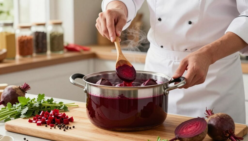 A vibrant kitchen scene focused on cooking beets, featuring a steaming pot filled with perfectly submerged beets. In the foreground, a cutting board displays chopped herbs and spices, adding color contrast to the rich, deep red of the beets. The middle ground showcases a chef, dressed in a white apron, carefully monitoring the pot, with a wooden spoon in hand. Warm, soft lighting filters through a nearby window, creating an inviting atmosphere. The background includes shelves filled with jars of spices and fresh vegetables, enhancing the culinary theme. The angle captures the chef's concentration on the cooking process, emphasizing the method of cooking beets to achieve tenderness for easy peeling.