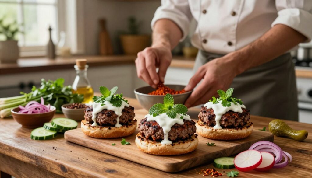 A vibrant, mouthwatering scene of oriental burgers being prepared on a rustic wooden kitchen table. In the foreground, showcase three deliciously seasoned burgers made from spiced lamb and beef, garnished with fresh coriander, mint, and a drizzle of yogurt sauce. Include colorful toppings like sliced cucumbers, radishes, and pickled onions. In the middle ground, capture a hands-on cook in modest casual clothing, skillfully blending spices in a bowl, surrounded by an array of herbs and spices to reflect the oriental theme. In the background, depict a warm, inviting kitchen with soft ambient lighting filtering through a window, enhancing the cozy atmosphere. The overall mood is one of culinary creativity and warmth, inviting viewers to explore these flavorful inspirations. A vibrant, mouthwatering scene of oriental burgers being prepared on a rustic wooden kitchen table. In the foreground, showcase three deliciously seasoned burgers made from spiced lamb and beef, garnished with fresh coriander, mint, and a drizzle of yogurt sauce. Include colorful toppings like sliced cucumbers, radishes, and pickled onions. In the middle ground, capture a hands-on cook in modest casual clothing, skillfully blending spices in a bowl, surrounded by an array of herbs and spices to reflect the oriental theme. In the background, depict a warm, inviting kitchen with soft ambient lighting filtering through a window, enhancing the cozy atmosphere. The overall mood is one of culinary creativity and warmth, inviting viewers to explore these flavorful inspirations.