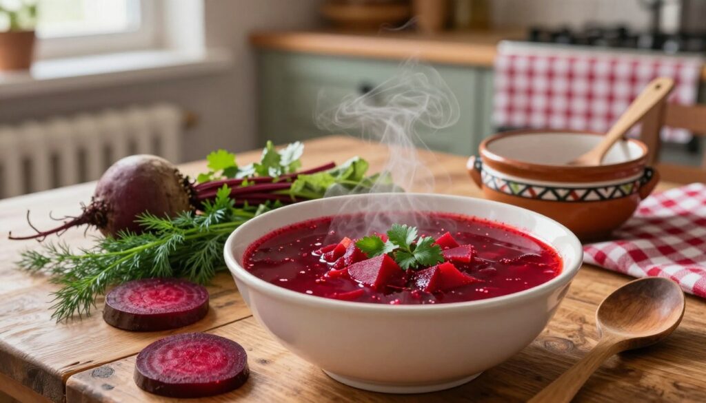 A vibrant, steaming bowl of traditional red borscht sits prominently in the foreground, showcasing its rich, deep crimson color. Surrounding the soup are fresh, sliced beets and aromatic herbs like dill and parsley, symbolizing the key ingredients. A rustic wooden table serves as the middle ground, adorned with a couple of traditional Polish pottery bowls and a wooden spoon. In the background, a softly lit kitchen with faded checkered tablecloths provides a warm atmosphere, emphasizing comfort and homeliness. The lighting is soft and natural, with warm tones filtering through a nearby window, creating a cozy ambiance. The overall mood is inviting and nostalgic, capturing the essence of homemade borscht preparation.