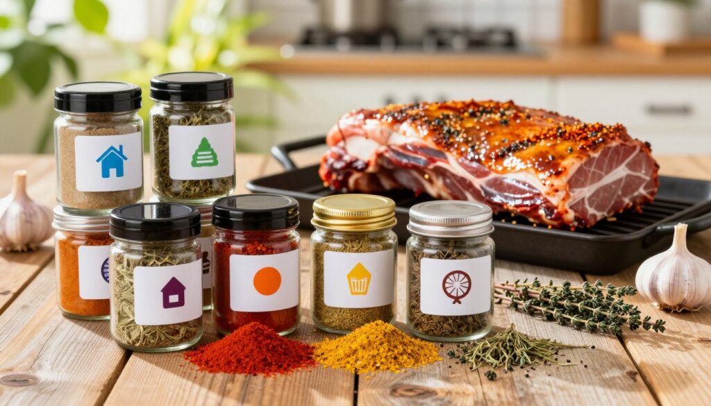 A visually appealing composition featuring an assortment of ready-made spice blends for marinating pork neck, beautifully arranged on a rustic wooden table. In the foreground, neatly stacked jars of spices labeled with colorful icons, spilling out vibrant powders like paprika, garlic, and herbs. In the middle ground, a marinated pork neck, glistening and expertly seasoned, placed on a classic grilling platter. The background showcases a vibrant, sunlit kitchen atmosphere with fresh ingredients like garlic bulbs and sprigs of thyme. Soft, natural lighting enhances the warm colors, creating an inviting mood. The camera angle is slightly elevated, capturing the textures and details of the spices and meat, emphasizing their mouthwatering appeal.