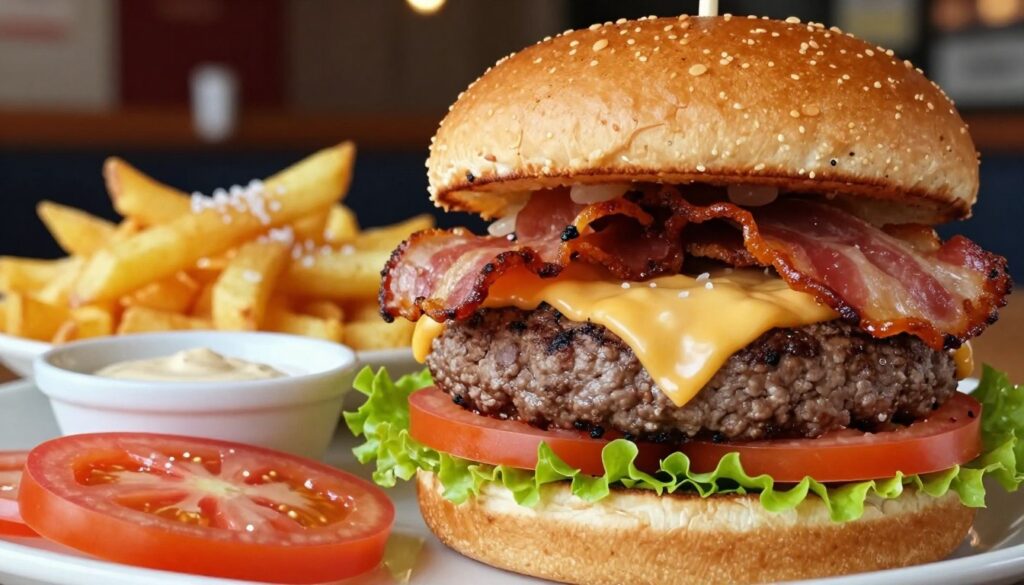 A visually striking close-up image of a gourmet burger, showcasing its enticing layers. In the foreground, highlight the succulent patty, crispy bacon, and melted cheese oozing over the sides, symbolizing common calorie traps. Garnish the burger with fresh lettuce and ripe tomato slices for color contrast. In the middle ground, display a side of crispy fries sprinkled with sea salt, alongside a small bowl of rich dipping sauce. The background should feature a softly blurred restaurant setting with warm, inviting lighting. Capture the scene from a slightly elevated angle to emphasize the burger's decadence and detail. The overall mood should be appetizing and indulgent, drawing attention to the caloric temptations associated with the burger dish.