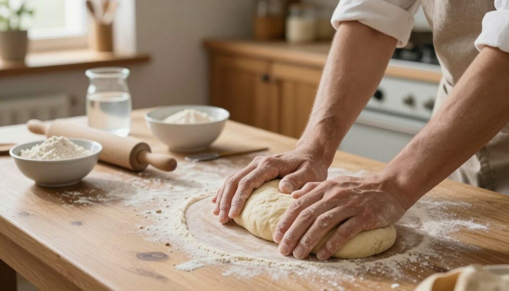 A warm and inviting kitchen scene focusing on a wooden table, where a skilled baker is kneading dough for bread. In the foreground, a pair of hands, slightly flour-dusted, are firmly pressing and folding the elastic, soft dough, showcasing the tactile process. The middle ground features bowls of ingredients like flour, yeast, and a small container of warm water, while a rolling pin rests nearby. The background reveals rustic cabinets filled with baking tools and jars, bathed in soft, natural light streaming through a window, creating a cozy atmosphere. The entire image evokes a sense of warmth and comfort, perfect for illustrating the step-by-step process of dough preparation for yeast bread.