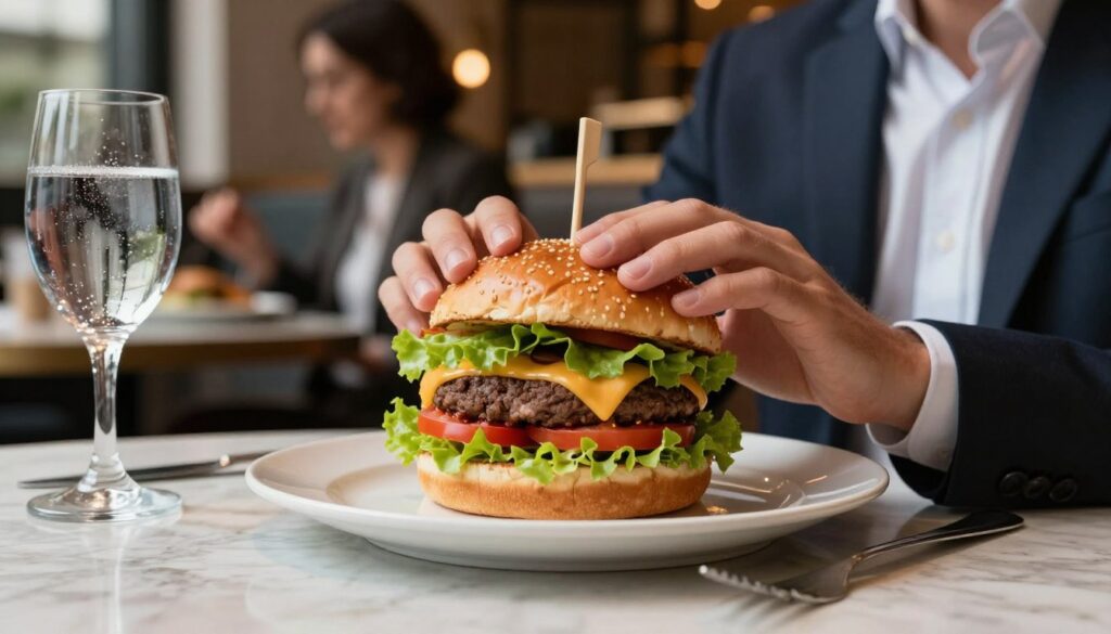 A well-dressed individual sitting at a beautifully set table in a modern restaurant, elegantly holding a juicy burger. The burger is meticulously assembled, showcasing fresh ingredients like crisp lettuce, ripe tomatoes, and melted cheese, without any toppings spilling out. Soft, warm lighting illuminates the scene, highlighting the textures of the food. In the background, blurred images of other diners enjoying their meals can be seen, creating a lively yet refined atmosphere. A glass of sparkling water sits beside the plate, reflecting the light and enhancing the elegance. The angle captures the subject from a slight low perspective, offering a dynamic view of the burger and the ambiance of the restaurant, conveying a sense of sophistication and enjoyment.