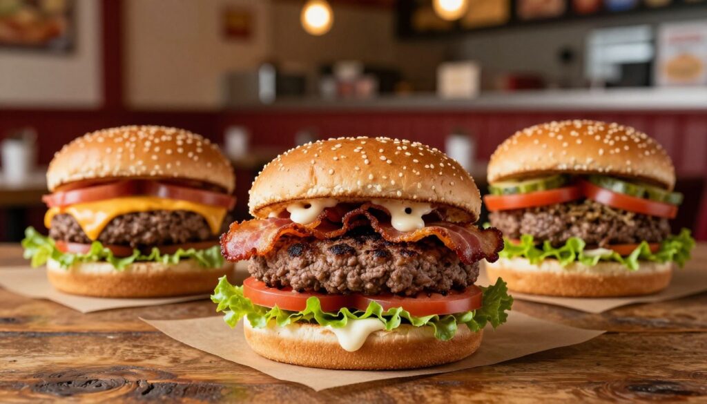 A well-lit and detailed image comparing the Drwala Burger to other popular burgers. In the foreground, a succulent Drwala Burger is showcased, piled high with layers of fresh ingredients—juicy beef patty, crispy bacon, lettuce, tomato, and a dollop of creamy sauce. Next to it, other burgers, such as a classic cheeseburger and a veggie burger, are arranged for comparison on a rustic wooden table. The middle ground features a soft-focus background of a bustling diner setting, with subtle warm lighting that creates an inviting atmosphere. The scene suggests a casual dining experience, emphasizing the indulgent nature of these burgers. Capture this comparison at an eye-level angle, providing a direct view of the burgers, highlighting their appetizing textures and colors.
