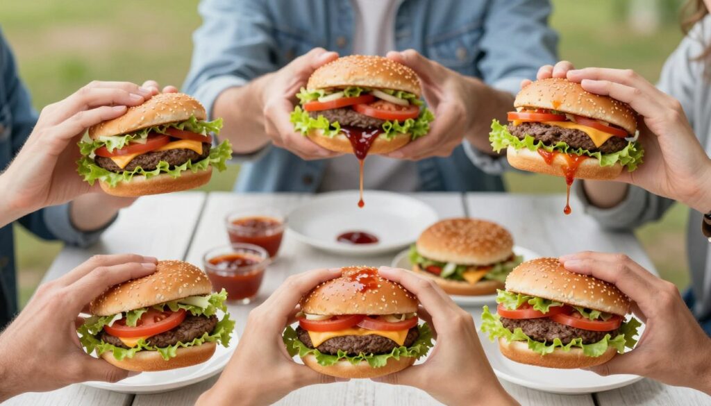 A well-organized image illustrating various techniques for holding a burger to prevent ingredients from spilling and sauces from dripping. In the foreground, showcase a diverse array of hands, each demonstrating a different grip style—one hand grasping the burger firmly from the bottom, another using both hands to stabilize the sides, and a third employing a graceful pinching technique. The middle ground features close-up details of the burger, highlighting layers of ingredients like fresh lettuce, tomatoes, and melted cheese, with some sauces visibly contained. In the background, a softly blurred picnic table setting provides a casual and inviting atmosphere, illuminated by soft natural light to enhance the freshness of the ingredients. The mood is light-hearted and practical, focusing on effective ways to enjoy a delicious burger without mess.