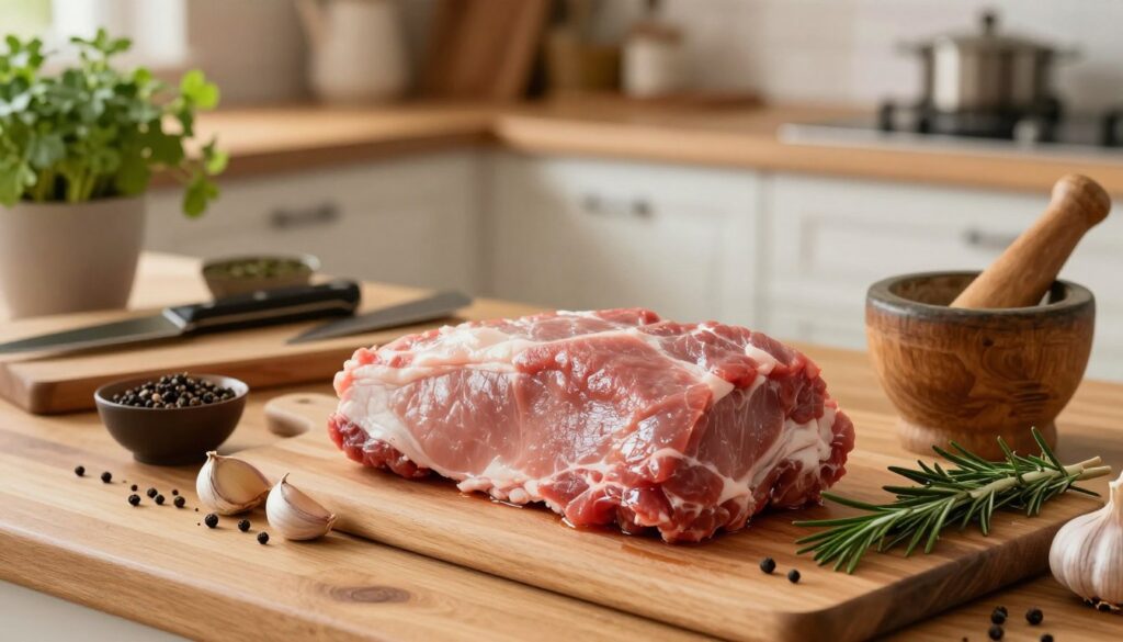 A wooden kitchen countertop filled with fresh cuts of pork, specifically a beautiful piece of karkówka, surrounded by an array of aromatic spices and herbs ready for marinating. The foreground showcases the meat, glistening with a light sheen, with a mortar and pestle nearby, scattered with garlic, black pepper, and fresh rosemary. The middle layer features a chopping board with a sharp knife, while the background depicts a cozy kitchen setting, softly lit with warm, inviting lighting. A hint of greenery from a potted herb plant adds freshness to the scene. The overall atmosphere conveys a sense of preparation and anticipation, perfect for a grilling session.