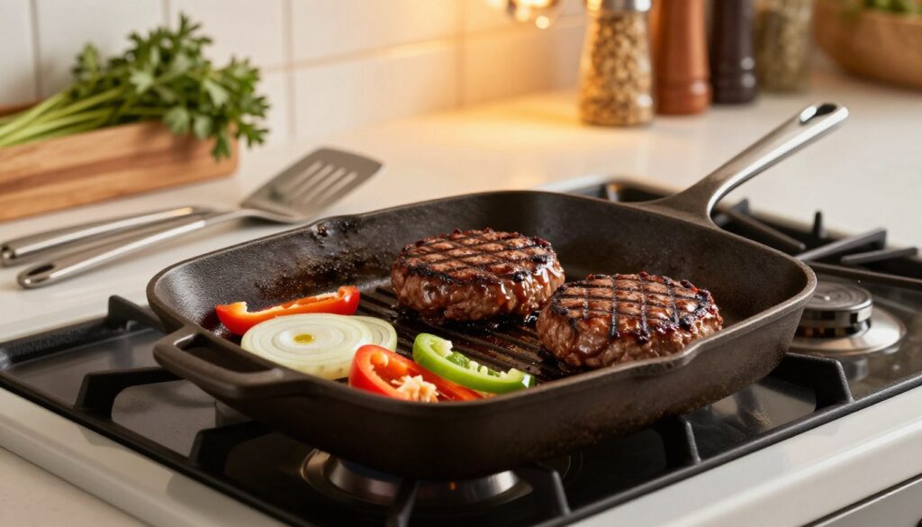 An artistic view of a grill pan placed on a modern kitchen stovetop, showcasing mouth-watering beef burgers sizzling on the surface. The pan is made of cast iron, with a glossy finish, exhibiting grill marks on the burgers, indicating perfect cooking. In the foreground, include finely sliced vegetables like onions and bell peppers, ready to accompany the burgers. In the middle ground, softly illuminated by warm kitchen lighting, a set of stainless steel cooking utensils, including a spatula and a meat thermometer, lies beside the pan, emphasizing the cooking process. The background features a blurred kitchen setting with herbs and spices on shelves, creating a cozy atmosphere. The image should invoke a sense of delicious anticipation while highlighting the essential techniques of pan and grill cooking.