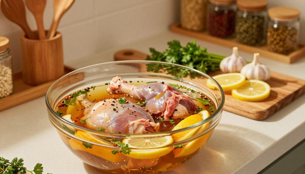 An overhead view of a beautifully arranged marination setup in a cozy kitchen. In the foreground, a large, glass bowl filled with a rich, aromatic marinade made from herbs, spices, and citrus, alongside pieces of raw turkey soaking in it. The middle ground features a wooden cutting board adorned with fresh garlic, parsley, and lemon slices, hinting at the fresh ingredients used. In the background, softly blurred shelves with various cooking utensils and jars of spices, illuminated by warm, golden lighting to create a welcoming atmosphere. The overall mood is inviting and homely, showcasing the essence of overnight marination techniques for meat. The camera angle captures the essence of culinary preparation, drawing the viewer in with its vibrant colors and enticing textures. An overhead view of a beautifully arranged marination setup in a cozy kitchen. In the foreground, a large, glass bowl filled with a rich, aromatic marinade made from herbs, spices, and citrus, alongside pieces of raw turkey soaking in it. The middle ground features a wooden cutting board adorned with fresh garlic, parsley, and lemon slices, hinting at the fresh ingredients used. In the background, softly blurred shelves with various cooking utensils and jars of spices, illuminated by warm, golden lighting to create a welcoming atmosphere. The overall mood is inviting and homely, showcasing the essence of overnight marination techniques for meat. The camera angle captures the essence of culinary preparation, drawing the viewer in with its vibrant colors and enticing textures.