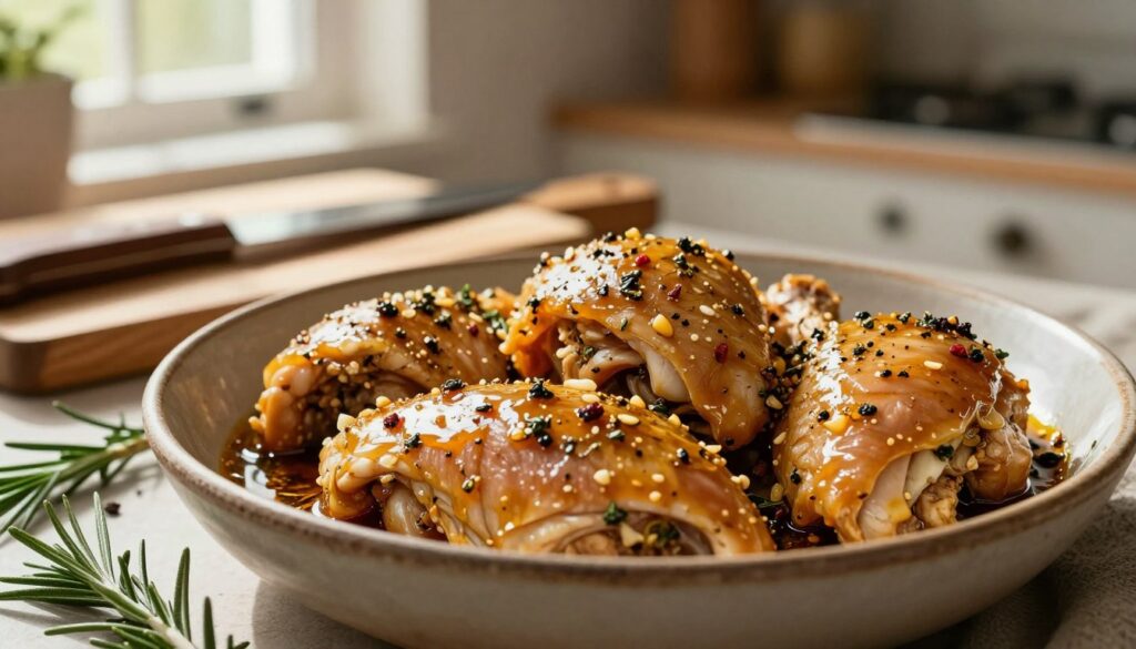 Marinated chicken pieces arranged beautifully in a rustic bowl, glistening with a rich, flavorful marinade made of herbs, garlic, and spices. The foreground features the vibrant colors of the marinade clinging to the tender chicken, with fresh herbs like rosemary and thyme scattered around. In the middle, a wooden cutting board and a knife hint at preparation. The background softly fades into a cozy kitchen setting with warm, natural lighting filtering through a window, casting gentle shadows and creating an inviting atmosphere. The focus is sharp on the chicken while the background has a subtle blur, evoking the feeling of a home-cooked meal in the making.