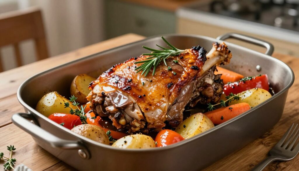 A beautiful, golden-brown roasted pork neck (karkówka) in a glossy, reflective baking pan, showcasing its crispy, caramelized edges. The pork is garnished with fresh herbs like rosemary and thyme, surrounded by vibrant roasted vegetables such as potatoes, carrots, and bell peppers, all glistening with savory juices. The scene is set on a rustic wooden table, with warm, inviting lighting creating a cozy atmosphere. Capture the dish from a slightly elevated angle, allowing for a clear view of the texture and color contrasts. The background softly blurs out, focusing attention on the succulent meat, while hints of a homely kitchen setting can be discerned. The overall mood is warm, inviting, and appetizing, emphasizing the comfort of home-cooked meals.