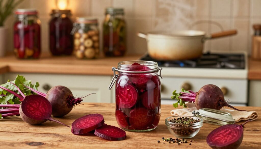 A beautiful kitchen scene focused on the process of preserving beetroots in jars. In the foreground, a rustic wooden table adorned with freshly cooked, vibrant red beetroots, peeled and sliced. A glass jar, partially filled with the glossy beetroot slices, sits open next to a small bowl of spices and herbs ready to enhance the flavor. The middle ground features a vintage stove with a pot steaming, hinting at the preparation process. In the background, shelves lined with shiny glass jars filled with preserved vegetables, bathed in warm, golden kitchen lighting. The image conveys a cozy, inviting atmosphere, evoking a sense of home cooking and the joy of preserving seasonal produce. Soft focus on the background emphasizes the subject in the foreground.
