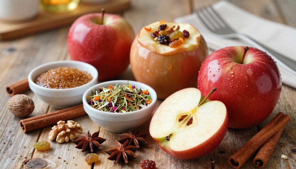 A beautiful overhead view of an assortment of ingredients for aromatic stuffed apples, arranged artfully on a rustic wooden table. In the foreground, there's a vibrant, glossy red apple partially sliced to showcase its juicy interior, surrounded by a variety of spices like cinnamon sticks, nutmeg, and star anise. Freshly chopped walnuts and raisins are scattered nearby for texture. In the middle, small bowls hold rich brown sugar and a mix of fragrant dried herbs, their colors vivid against the rustic backdrop. Soft, warm lighting illuminates the scene, creating a cozy atmosphere that evokes the essence of home baking. The background features blurred hints of cooking utensils and a softly glowing kitchen, enhancing the inviting mood without distraction.