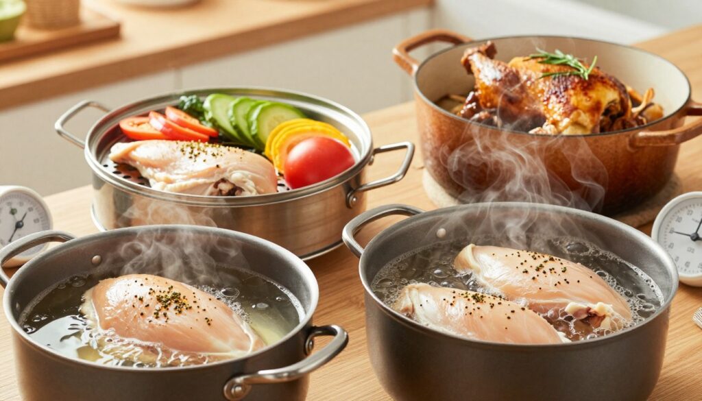 A beautiful, well-lit kitchen scene showcasing the preparation of chicken breasts using three cooking methods: boiling, steaming, and braising. In the foreground, a pot of boiling water with seasoned chicken filets, steam rising, and a timer set nearby. In the middle, a steaming basket filled with chicken and a selection of vibrant sliced vegetables, highlighting freshness and color. In the background, a braised chicken dish in a rustic pot, garnished with herbs, on a wooden countertop. Soft, natural lighting illuminates the scene, creating a warm, inviting atmosphere, emphasizing the idea of cooking methods to achieve juicy, tender chicken. A shallow depth of field enhances focus on the food while allowing hints of the cozy kitchen setting.