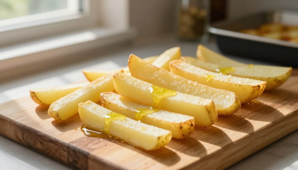 A beautifully arranged collection of fresh potatoes cut into uniform fry-shaped sticks, placed on a rustic wooden cutting board. The foreground features the perfectly sized potato sticks, showcasing their crisp edges and smooth surfaces, glistening with a light drizzle of olive oil. Sunlight streams in from a nearby window, casting soft highlights across the board and creating gentle shadows that add depth. In the background, an elegant kitchen setting is visible, with hints of baking sheets and seasonings for added context. The overall atmosphere is warm and inviting, evoking a sense of wholesome home cooking. This image emphasizes precision in cutting, illustrating the process of preparing the ideal potato fries for baking in the oven.
