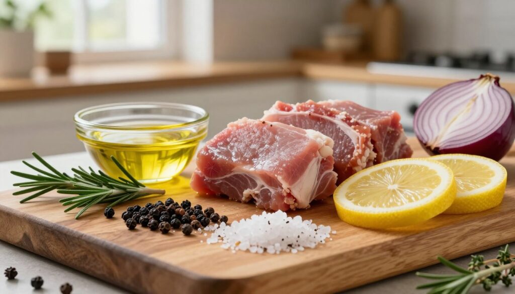 A beautifully arranged collection of ingredients for a flavorful marinade for pork neck, featuring a variety of spices, herbs, and fresh vegetables. In the foreground, a rustic wooden cutting board displays a vibrant array of black peppercorns, crushed garlic, chunky sea salt, fresh sprigs of rosemary, and thyme, along with slices of bright lemon and vibrant red onion. The middle layer includes a small, elegant bowl filled with olive oil, its golden hue glistening in the warm light. In the background, an inviting kitchen setting softly illuminated by natural light through a window, creating a cozy atmosphere. The image captures an essence of culinary adventure, emphasizing the freshness and aromatic potential of the marinade ingredients. The lens focuses on textures and colors, highlighting the rich details, with a warm, inviting overall tone.