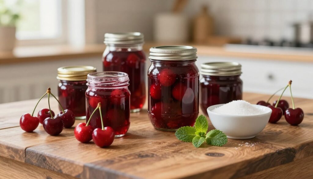 A beautifully arranged collection of ingredients for cherry compote, featuring fresh, vibrant red cherries with their green stems, a rustic wooden table as the foreground. In the middle, place jars for preserving, ideally glass canning jars with metal lids, and a small bowl of sugar alongside. Include a sprig of mint for color contrast. The background is softly blurred, hinting at a kitchen setting with warm light streaming in through a nearby window, creating a cozy and inviting atmosphere. The overall mood should feel fresh and natural, capturing the essence of home canning and the process of preserving fruits. Use soft lighting to enhance the colors of the ingredients and create a homely vibe.