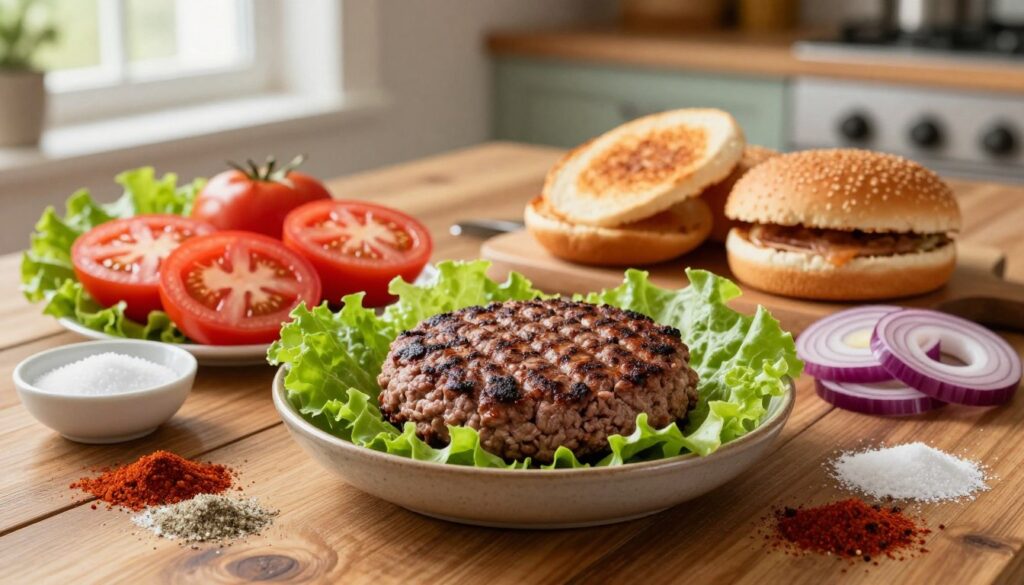 A beautifully arranged collection of ingredients for homemade beef burgers, showcasing the essentials needed for juicy and well-seasoned patties. In the foreground, display fresh, ground beef in a textured bowl, surrounded by vibrant green lettuce, ripe tomatoes sliced thick, and sliced red onions. Add a small dish of salt and pepper, and a selection of spices like paprika and garlic powder arranged artistically nearby. In the middle, include burger buns, toasted and golden, ready to be filled. The background should feature a rustic wooden kitchen table, softly lit with warm, natural light pouring in from a window, creating an inviting atmosphere perfect for cooking. Emphasize the texture and freshness of the ingredients, showcasing their vibrant colors to illustrate the preparation of delicious beef burgers.