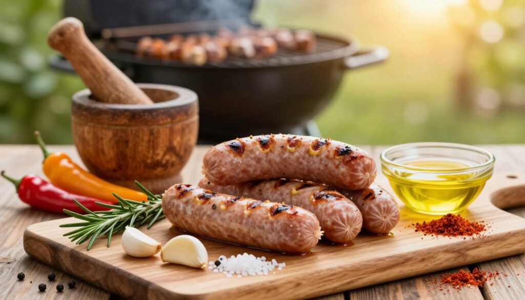 A beautifully arranged composition of marinating ingredients for sausage grilling, showcasing a wooden cutting board in the foreground adorned with fresh herbs like rosemary and thyme, crushed garlic cloves, coarse sea salt, black pepper, and a dash of paprika. Placed nearby are vibrant splashes of yellow mustard and a small bowl of olive oil for drizzling. In the middle, a rustic mortar and pestle lie next to a small selection of colorful chili peppers. The background features a softly blurred outdoor grill setting, hinting at a warm, inviting summer day with golden sunlight filtering through lush greenery. The mood is vibrant and appetizing, exuding the essence of flavorful grilling experiences.