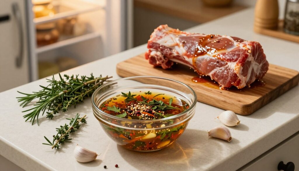 A beautifully arranged countertop scene featuring marinated pork neck. In the foreground, a clear glass bowl filled with vibrant, rich marinade consisting of herbs, garlic, and spices enveloping the pork. Fresh ingredients like rosemary, thyme, and garlic cloves scattered around. In the middle ground, a wooden cutting board with the pork neck resting on it, glistening with marinade. The background showcases a cozy, rustic kitchen with soft, warm lighting creating a comfortable, homely atmosphere. A refrigerator is slightly open, hinting at the overnight marination process. The angle captures the entire setup from above, emphasizing the textures and colors of the marinade and the freshness of the ingredients, evoking a sense of anticipation and flavor.
