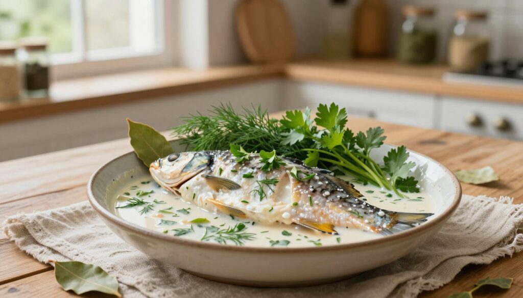 A beautifully arranged dish of marinated carp in milk with herbs, showcasing the fish glistening in a creamy marinade. In the foreground, a ceramic bowl holds the carp, surrounded by fresh herbs like dill, parsley, and bay leaves, providing vibrant green contrasts to the dish. The middle layer features a rustic wooden table adorned with a delicate linen cloth, enhancing the homey, inviting atmosphere. In the background, soft focus displays a cozy kitchen setting with jars of spices and herbs, reflecting a warm, welcoming light, perhaps from a window. The scene is bathed in natural light, emphasizing the textures of the fish and the creaminess of the marinade, evoking a sense of comfort and culinary tradition.