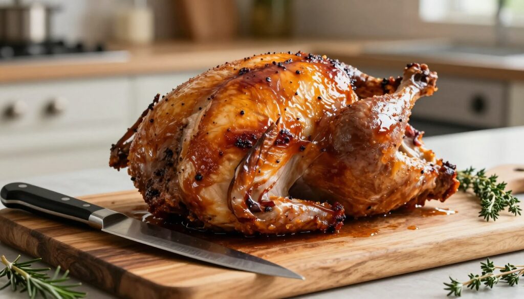 A beautifully arranged display of perfectly roasted turkey breast, glistening and succulent, resting on a rustic wooden cutting board. In the foreground, a sharp chef's knife glints beside the meat, ready for slicing, while juices from the meat pool slightly beneath it. The background features a softly blurred kitchen setting, bathed in warm, natural light, highlighting the warmth of the wood and the inviting atmosphere. A few sprigs of fresh herbs, like rosemary and thyme, are scattered around, adding a hint of freshness to the image. The scene conveys a sense of anticipation and satisfaction, inspiring viewers to appreciate the importance of resting meat before serving. A beautifully arranged display of perfectly roasted turkey breast, glistening and succulent, resting on a rustic wooden cutting board. In the foreground, a sharp chef's knife glints beside the meat, ready for slicing, while juices from the meat pool slightly beneath it. The background features a softly blurred kitchen setting, bathed in warm, natural light, highlighting the warmth of the wood and the inviting atmosphere. A few sprigs of fresh herbs, like rosemary and thyme, are scattered around, adding a hint of freshness to the image. The scene conveys a sense of anticipation and satisfaction, inspiring viewers to appreciate the importance of resting meat before serving.