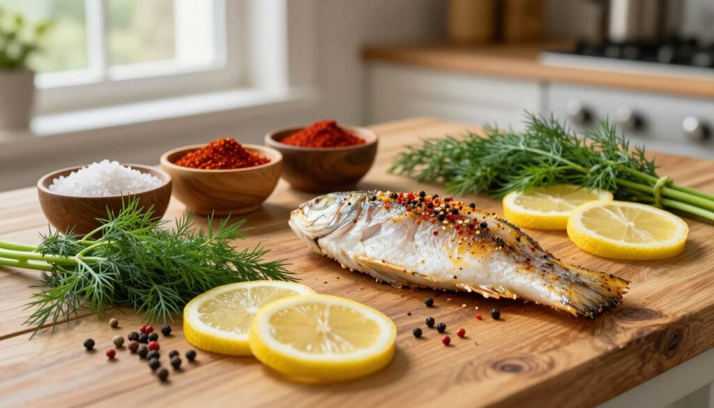 A beautifully arranged display of spices and herbs specifically suited for seasoning roasted fish, set on a rustic wooden kitchen table. In the foreground, vibrant sprigs of dill, bright lemon slices, and a scattering of colorful peppercorns create a lively composition. The middle ground features small wooden bowls filled with sea salt, paprika, and garlic powder, while a delicate fish fillet marinated in these spices lies elegantly beside. In the background, soft natural light filters through a nearby window, casting gentle shadows and enhancing the warm, inviting atmosphere of a cozy kitchen. The overall mood is one of culinary creativity and home cooking, evoking the delicious anticipation of a perfectly seasoned meal.
