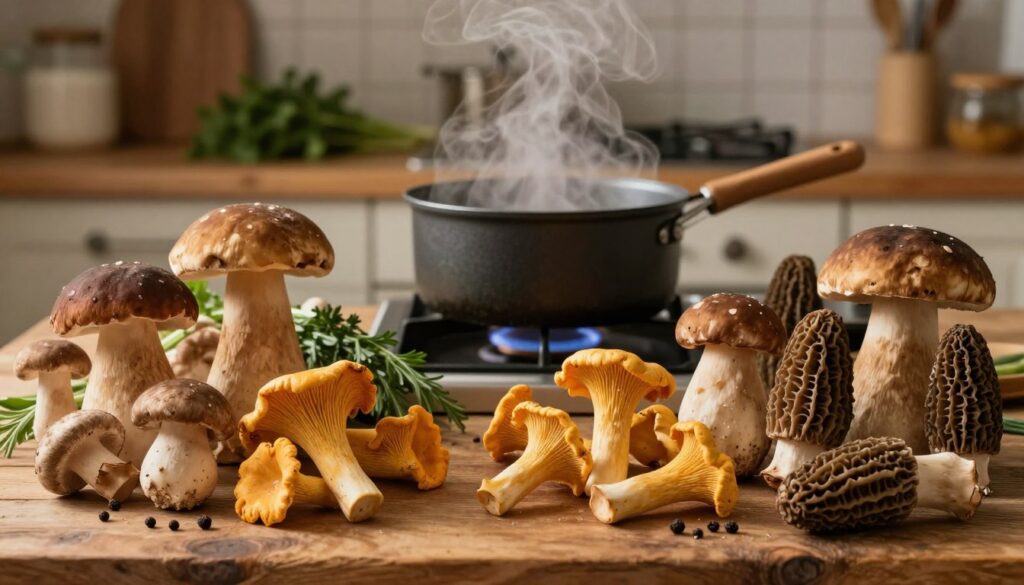 A beautifully arranged display of various mushroom species, showcasing their unique shapes and colors. In the foreground, a variety of mushrooms, including chanterelles, porcini, and morels, are artistically placed on a rustic wooden table. The middle ground features a pot on a stove, with steam gently rising, indicating they're being cooked. Fresh herbs and spices surround the pot, hinting at their culinary uses. The background shows a cozy kitchen with soft, warm lighting that creates an inviting atmosphere. A wooden spoon rests beside the pot, emphasizing the theme of cooking. The overall mood is warm and appealing, perfect for a culinary article. A beautifully arranged display of various mushroom species, showcasing their unique shapes and colors. In the foreground, a variety of mushrooms, including chanterelles, porcini, and morels, are artistically placed on a rustic wooden table. The middle ground features a pot on a stove, with steam gently rising, indicating they're being cooked. Fresh herbs and spices surround the pot, hinting at their culinary uses. The background shows a cozy kitchen with soft, warm lighting that creates an inviting atmosphere. A wooden spoon rests beside the pot, emphasizing the theme of cooking. The overall mood is warm and appealing, perfect for a culinary article.