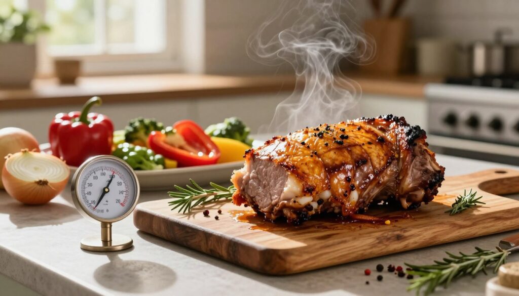 A beautifully arranged kitchen counter featuring a perfectly cooked pork neck roast, glistening with a golden-brown crust, showcasing the perfect internal temperature. The foreground highlights a meat thermometer, indicating an optimal cooking temperature, alongside a rustic wooden cutting board elegantly garnished with fresh herbs and spices. In the middle ground, a vibrant array of colorful vegetables, like bell peppers and onions, is prepared for roasting, with steam rising gently, hinting at the flavorful aroma in the air. The warm, inviting kitchen ambiance is accentuated by soft, natural lighting filtering through a window, casting gentle shadows that enhance the scene's coziness. A shallow depth of field draws focus to the succulent meat, evoking feelings of comfort and delicious anticipation. A beautifully arranged kitchen counter featuring a perfectly cooked pork neck roast, glistening with a golden-brown crust, showcasing the perfect internal temperature. The foreground highlights a meat thermometer, indicating an optimal cooking temperature, alongside a rustic wooden cutting board elegantly garnished with fresh herbs and spices. In the middle ground, a vibrant array of colorful vegetables, like bell peppers and onions, is prepared for roasting, with steam rising gently, hinting at the flavorful aroma in the air. The warm, inviting kitchen ambiance is accentuated by soft, natural lighting filtering through a window, casting gentle shadows that enhance the scene's coziness. A shallow depth of field draws focus to the succulent meat, evoking feelings of comfort and delicious anticipation.