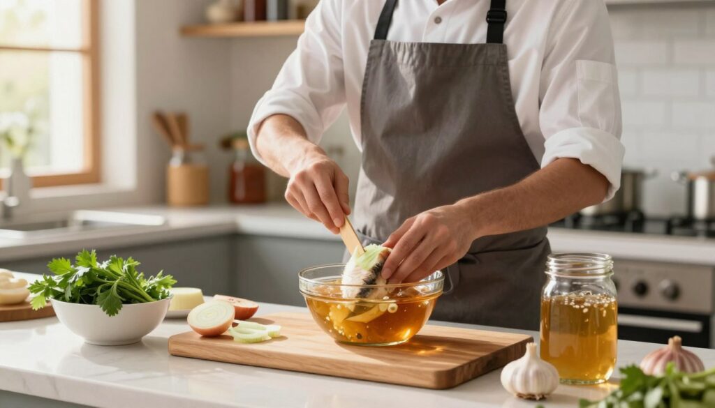 A beautifully arranged kitchen counter featuring the step-by-step process of making a fish marinade for carp. In the foreground, a wooden cutting board with a bowl containing fresh herbs, sliced onions, and garlic, along with a glass jar filled with a golden-colored marinade. In the middle, a chef wearing a neatly pressed shirt and apron is mixing ingredients, conveying focus and expertise. In the background, shelves with spices and a window letting in soft, warm sunlight create a cozy atmosphere. The lighting is bright and inviting, emphasizing the freshness of the ingredients. Capture the essence of a culinary workspace that inspires creativity and flavors, ideal for a step-by-step cooking guide.