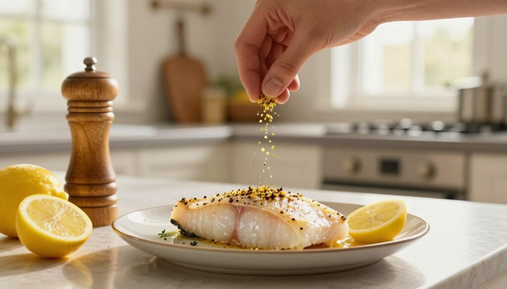 A beautifully arranged kitchen counter showcasing a freshly prepared fillet of cod being seasoned with lemon pepper. In the foreground, a hand gently sprinkles lemon pepper over the fish, with vibrant yellow lemon slices and a rustic wooden pepper grinder next to it. In the middle, there's an elegant plate with the seasoned fish garnished with fresh herbs, reflecting a light sheen. The background features softly blurred kitchen elements, like a window streaming in warm, natural light and cooking utensils hanging, adding depth. The atmosphere is inviting and warm, emphasizing the art of seasoning to enhance the fish's flavor, with a focus on freshness and culinary skill. Soft focus and warm lighting create a cozy, appetizing mood.