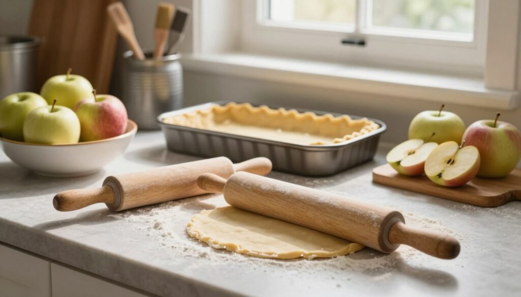 A beautifully arranged kitchen counter showcasing the preparation of buttery shortcrust pastry. In the foreground, a wooden rolling pin and flour-dusted surface with a rolled-out dough ready for pie crust. Delicate, fresh apples in a bowl, ready to be sliced, add a pop of color. In the middle ground, an artisan baking dish waiting to be filled with the pastry, with kitchen utensils like a pastry brush and a mixing bowl subtly positioned. The background features soft natural light streaming through a window, casting gentle shadows, enhancing the warm, inviting atmosphere of a cozy, homey kitchen. The overall mood is calm and focused, perfect for baking enthusiasts.