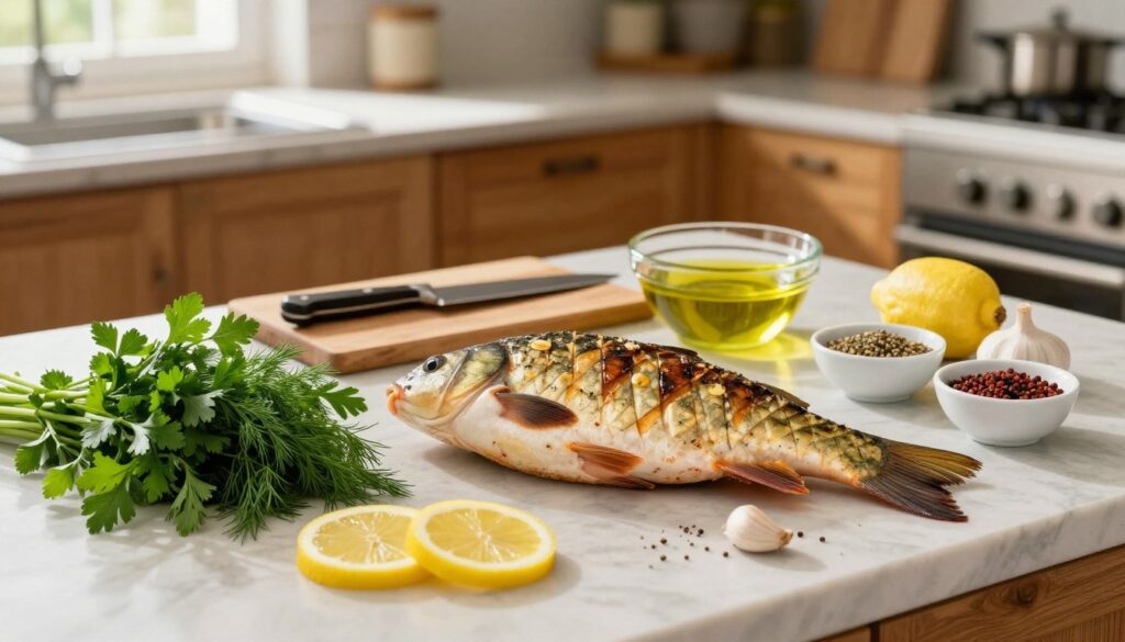 A beautifully arranged kitchen countertop featuring an array of ingredients for roasting a succulent carp. In the foreground, fresh ingredients include a whole carp, vibrant herbs like parsley and dill, lemon slices, garlic cloves, and a mix of spices in small bowls. The middle ground showcases a cutting board with a chef's knife and a bowl filled with olive oil, ready for marinating. The background features a warm, inviting kitchen with rustic wooden cabinets and soft, natural light streaming in through a window, creating a cozy atmosphere. The overall mood is homely and appetizing, highlighting the preparation of a delicious meal. The image should capture the textures and colors vividly, emphasizing freshness and quality.