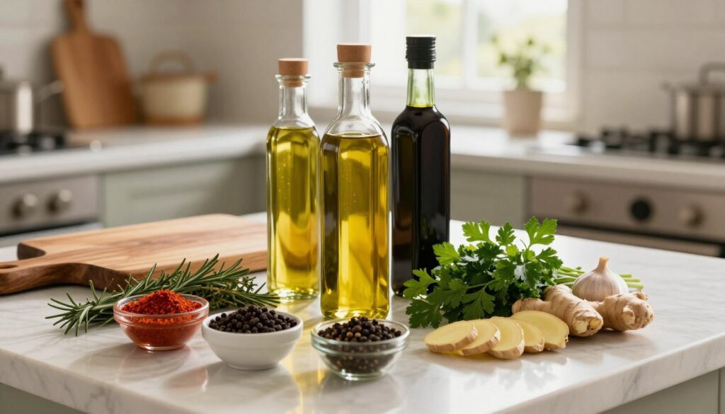 A beautifully arranged kitchen countertop featuring essential ingredients for an aromatic marinade. In the foreground, there are vibrant spices like paprika, black pepper, and dried rosemary neatly placed in small bowls. Fresh herbs such as thyme and parsley are next to bright, sliced garlic and ginger. In the middle, a selection of oils and vinegars, including olive oil and balsamic vinegar, are elegantly displayed in clear glass bottles. The background features a rustic wooden cutting board and a warm, softly illuminated kitchen setting. Natural light streams in from a nearby window, creating a cozy atmosphere that evokes a sense of home cooking. The overall mood is inviting and inspiring, perfect for anyone looking to create a flavorful marinade for roasting meat.