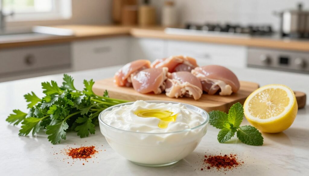 A beautifully arranged kitchen countertop featuring ingredients for a yogurt marinade for chicken. In the foreground, there is a bowl of thick, creamy yogurt, with a drizzle of olive oil and a sprinkle of spices like paprika and garlic powder around it. Beside the bowl, fresh herbs like parsley and mint add a pop of green, while a lemon is sliced in half, showing its juicy interior. In the middle ground, a wooden cutting board holds marinated chicken pieces, ready for cooking. The background shows a softly lit kitchen with warm, inviting colors. Natural light streams in through a window, creating a cozy atmosphere. The shot is taken with a shallow depth of field, focusing on the marinade ingredients while the background remains gently blurred. A beautifully arranged kitchen countertop featuring ingredients for a yogurt marinade for chicken. In the foreground, there is a bowl of thick, creamy yogurt, with a drizzle of olive oil and a sprinkle of spices like paprika and garlic powder around it. Beside the bowl, fresh herbs like parsley and mint add a pop of green, while a lemon is sliced in half, showing its juicy interior. In the middle ground, a wooden cutting board holds marinated chicken pieces, ready for cooking. The background shows a softly lit kitchen with warm, inviting colors. Natural light streams in through a window, creating a cozy atmosphere. The shot is taken with a shallow depth of field, focusing on the marinade ingredients while the background remains gently blurred.