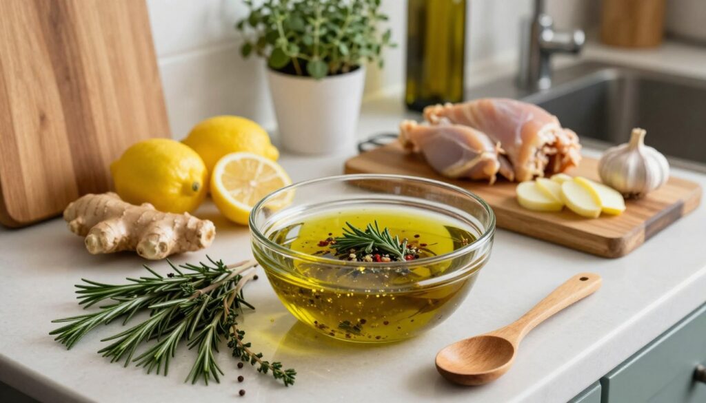 A beautifully arranged kitchen countertop featuring the preparation of a marinade for chicken. In the foreground, a glass bowl filled with a rich mixture of olive oil, garlic, herbs, and spices, with fresh herbs like rosemary and thyme scattered nearby. A wooden spoon rests beside the bowl. In the middle ground, an assortment of ingredients such as lemons and ginger lie artfully beside the bowl, with a cutting board displaying sliced garlic. In the background, soft kitchen lighting creates a warm and inviting atmosphere, highlighting rustic kitchen elements like wooden cabinets and a hanging herb garden. The image captures a step-by-step preparation process, focusing on the vibrant colors and textures of the ingredients. The lens angle is slightly above eye level for an engaging perspective.