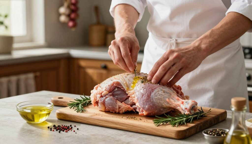 A beautifully arranged kitchen countertop focused on the preparation of turkey meat before roasting. In the foreground, a seasoned turkey thigh is placed on a wooden cutting board with fresh herbs like rosemary and thyme scattered around, and a small bowl of olive oil and spices nearby. In the middle, a chef wearing a white apron carefully massages the olive oil and seasonings into the meat, showcasing the texture and marbling of the turkey. Soft, natural light filters through a window, casting gentle shadows and highlighting the vibrant colors of the ingredients. The background features a rustic kitchen setting with wooden cabinets and hanging garlic and onions, creating a warm, inviting atmosphere. The overall mood is one of culinary craftsmanship and anticipation. A beautifully arranged kitchen countertop focused on the preparation of turkey meat before roasting. In the foreground, a seasoned turkey thigh is placed on a wooden cutting board with fresh herbs like rosemary and thyme scattered around, and a small bowl of olive oil and spices nearby. In the middle, a chef wearing a white apron carefully massages the olive oil and seasonings into the meat, showcasing the texture and marbling of the turkey. Soft, natural light filters through a window, casting gentle shadows and highlighting the vibrant colors of the ingredients. The background features a rustic kitchen setting with wooden cabinets and hanging garlic and onions, creating a warm, inviting atmosphere. The overall mood is one of culinary craftsmanship and anticipation.