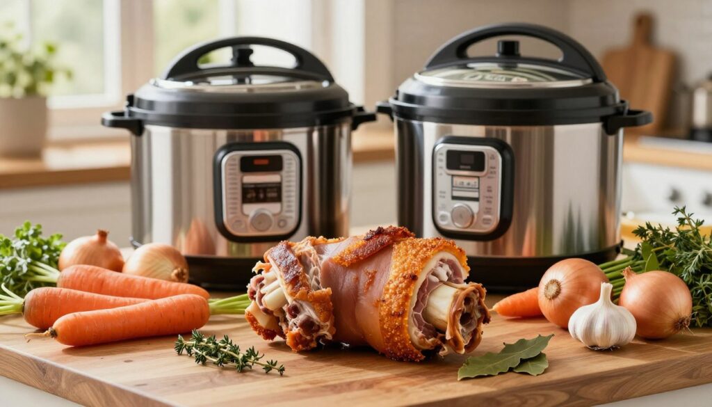 A beautifully arranged kitchen countertop showcasing the main ingredients for preparing pork knuckle in a pressure cooker. In the foreground, highlight a large, succulent piece of pork knuckle with a layer of crispy skin, surrounded by fresh vegetables like carrots, onions, and garlic. Include vibrant herbs such as thyme and bay leaves. The middle ground features a shiny, modern pressure cooker, slightly open to reveal its gleaming interior. The background should show a warm, inviting kitchen with soft, natural light filtering through a window, creating a cozy atmosphere that evokes the comfort of home cooking. Focus on an appealing and rich color palette, highlighting the fresh ingredients. The scene should inspire a sense of culinary delight and warmth, perfect for showcasing the essentials of a delicious meal.