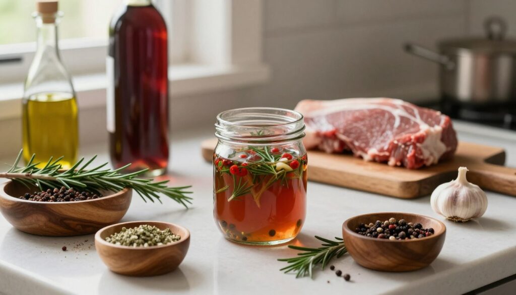 A beautifully arranged kitchen countertop showcasing the step-by-step preparation of a marinade for meat. In the foreground, there are various herbs, spices, and fresh ingredients like garlic, rosemary, and olive oil artfully placed in wooden bowls. A glass jar filled with the prepared marinade sits prominently. In the middle background, a cutting board displays raw meat, ready to be marinated, while a bottle of red wine glimmers invitingly. Soft, natural lighting filters through a nearby window, creating an inviting and warm atmosphere, emphasizing the colors of the ingredients. The image captures a serene cooking environment, evoking a sense of culinary craftsmanship and inviting the viewer to explore the art of marinating meat. A close-up view through a macro lens enhances the textures and freshness, focusing on the vibrant colors and natural beauty of the ingredients.