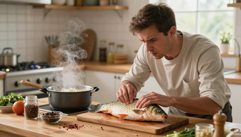 A beautifully arranged kitchen scene depicting the common mistakes made while preparing carp. In the foreground, a wooden table cluttered with a partially prepared carp, various seasonings, and cooking utensils. A chef in modest casual attire, looking concerned, examines the fish, demonstrating a common error such as improper cleaning or seasoning. In the middle ground, a pot of boiling oil bubbles ominously, suggesting the danger of cooking at the wrong temperature. The background features a glowing stove and a window with soft natural light streaming in, creating a warm, inviting atmosphere. Focus on the details of the fish and the chef's expressions, with a soft depth of field to highlight the scene's critical elements without distractions. A beautifully arranged kitchen scene depicting the common mistakes made while preparing carp. In the foreground, a wooden table cluttered with a partially prepared carp, various seasonings, and cooking utensils. A chef in modest casual attire, looking concerned, examines the fish, demonstrating a common error such as improper cleaning or seasoning. In the middle ground, a pot of boiling oil bubbles ominously, suggesting the danger of cooking at the wrong temperature. The background features a glowing stove and a window with soft natural light streaming in, creating a warm, inviting atmosphere. Focus on the details of the fish and the chef's expressions, with a soft depth of field to highlight the scene's critical elements without distractions.